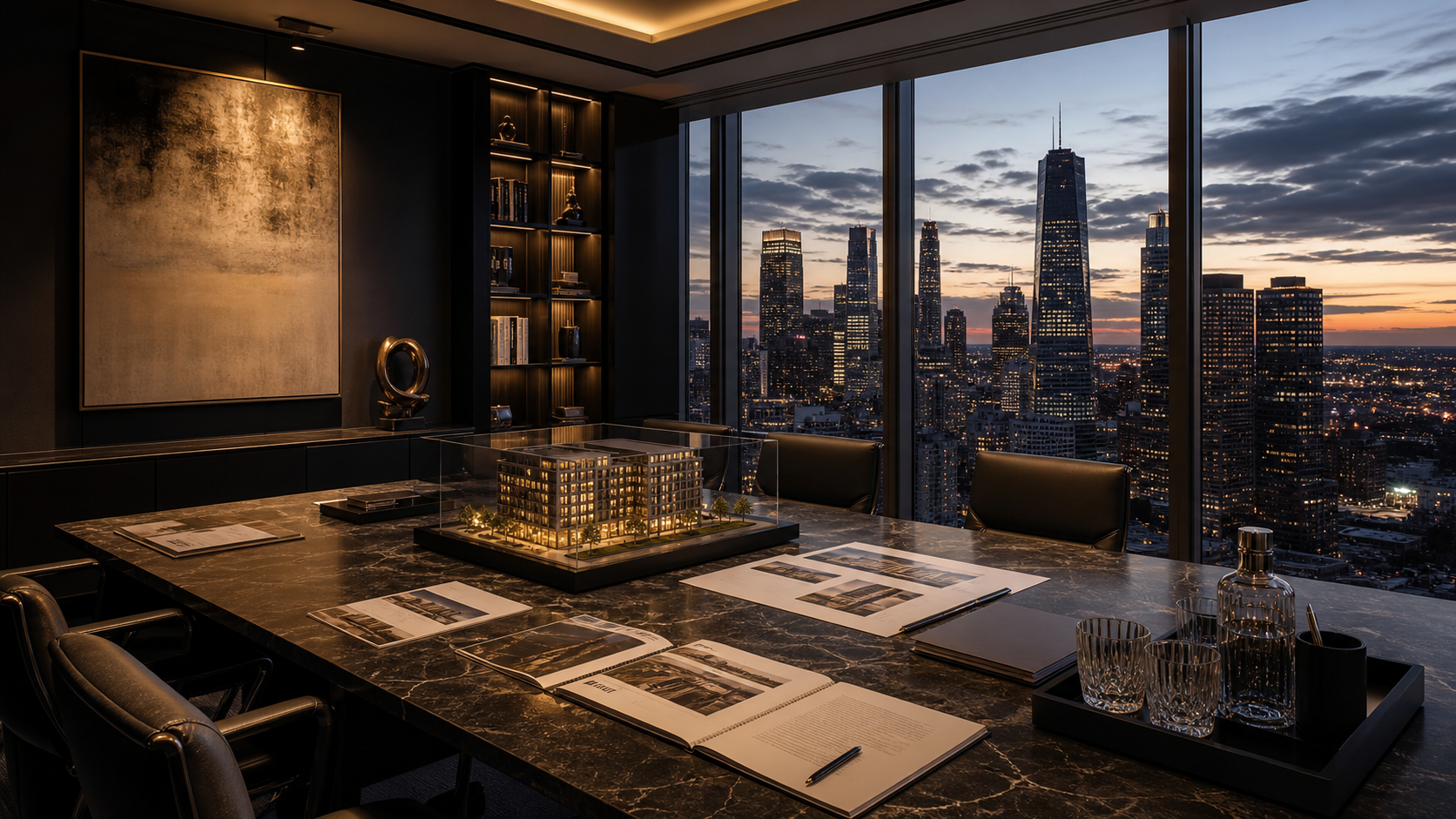 Executive real estate asset management meeting with a city view